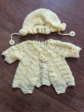 Handknit Baby Cardigan Bonnet Set Pastel Yellow Ripple Crochet Knit Infant